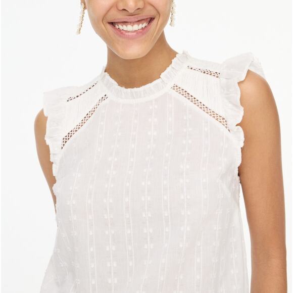 J.Crew Flutter Sleeve Cotton Clip-Dot Top WMNS M White Ruffled Semi-Sheer Blouse - Picture 2 of 8